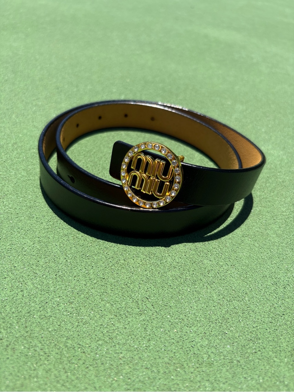 Miu Miu Black Leather Belt with Gold Crystal Logo Buckle